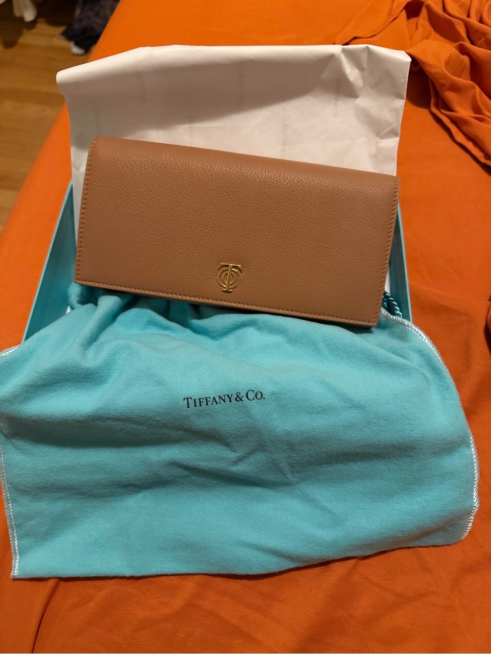 Tiffany & Co. Tan Pebbled Leather Long Wallet with Gold Logo